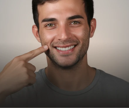 A smiling young man pointing to his healthy teeth after a Root Canal Therapy treatment.