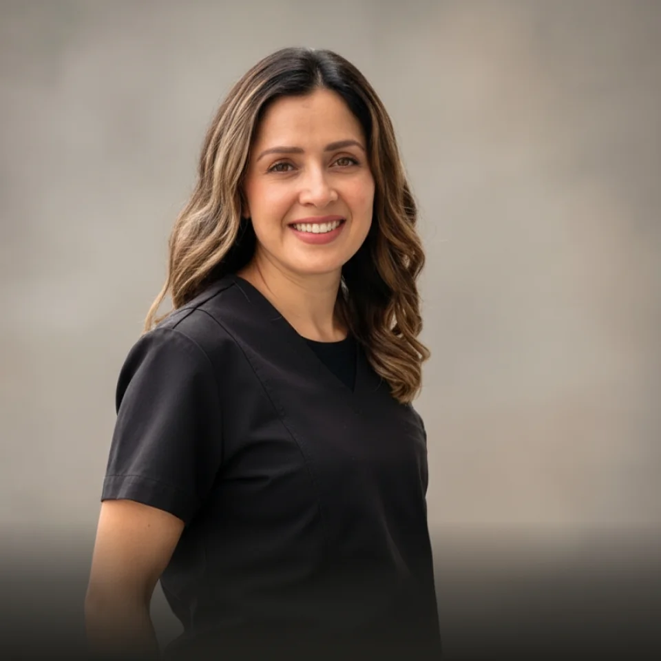 Dr. Dulce Fragoso with a black scrub smiling with confidence